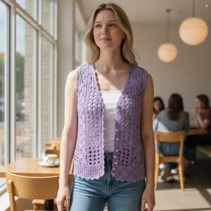 Vintage Y2K 2000s Marie Y Lilac Purple Crochet Knit Tank Sweater Vest Medium